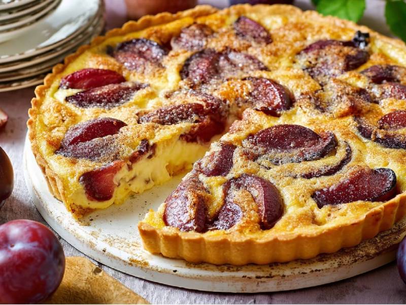 Pflaumen-Pudding-Tarte auf einem Tisch