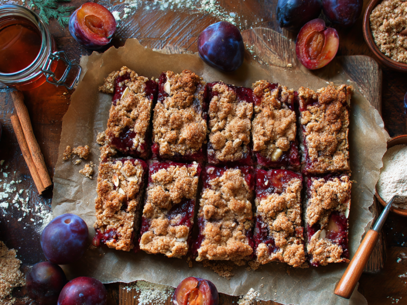 Pflaumen-Streusel-Riegel, liegen auf Backpapier. Pflaumen als Dekoration außen herum.