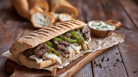 Philly Cheese Steak Sandwich vom Grill, serviert auf einem Brett.