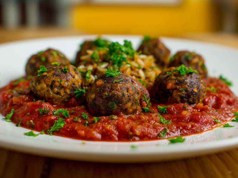 Ein Teller mit Pilzbällchen in Tomatensoße, garniert mit frischer Petersilie.