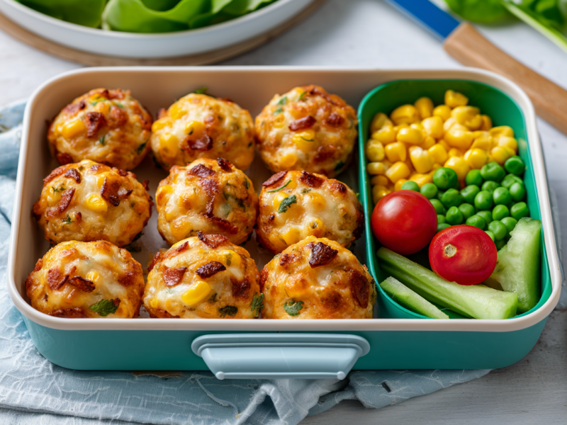Pizzabites für die Brotdose in einer wiederverschließbaren Dose. Rechts neben ihnen ist in der Dose Gemüse vorbereitet. Mais, Erbsen, Tomaten und Gurkenstücke. Rechts neben der Dose liegt eine kleine rote Chilischote.