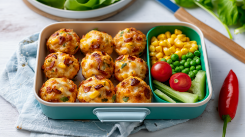 Pizzabites für die Brotdose in einer wiederverschließbaren Dose. Rechts neben ihnen ist in der Dose Gemüse vorbereitet. Mais, Erbsen, Tomaten und Gurkenstücke. Rechts neben der Dose liegt eine kleine rote Chilischote.