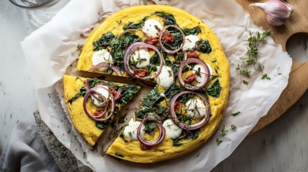 Eine mediterrane Polenta-Tarte in der Draufsicht.