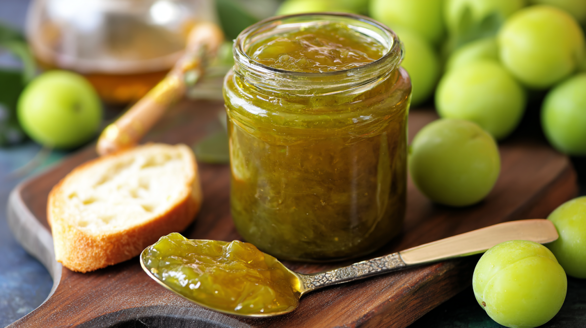 Ein Glas Renekloden-Marmelade, daneben eine Scheibe Brot und einige Renekloden.