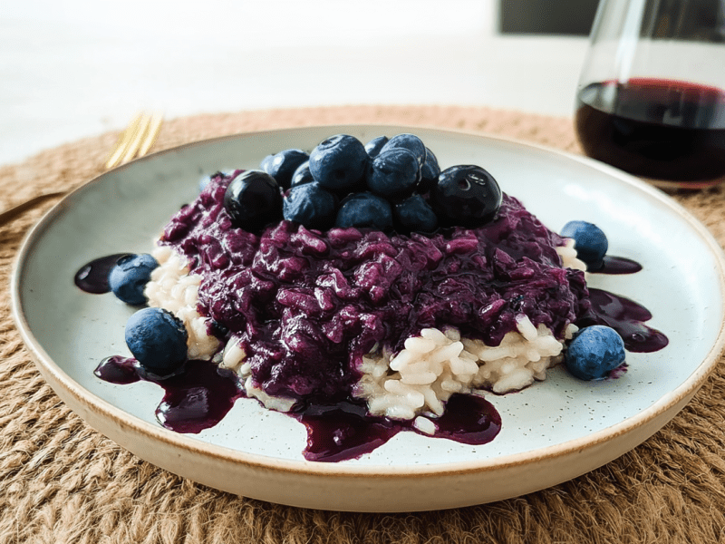 Ein Teller mit Risotto mit Heidelbeeren. Daneben liegt eine Gabel, dahinter steht ein Glas Rotwein.