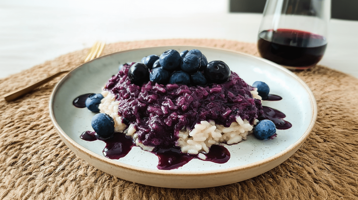 Ein Teller mit Risotto mit Heidelbeeren. Daneben liegt eine Gabel, dahinter steht ein Glas Rotwein.