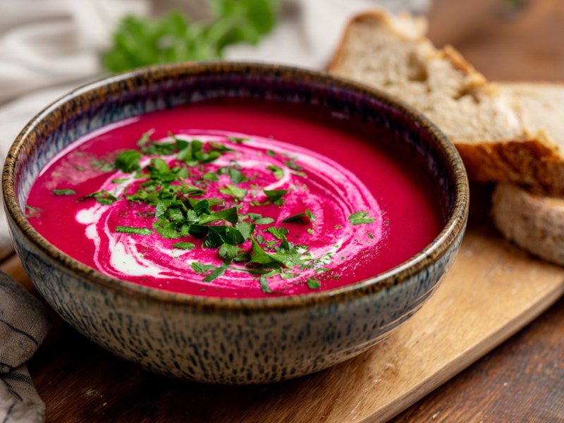 Eine Schüssel Rote-Bete-Suppe mit Kefir, die mit frischer Petersilie garniert ist. Die Schüssel steht auf einem Holzbrett, daneben ein drapiertes Küchenhandtuch und einige Schreiben Brot.