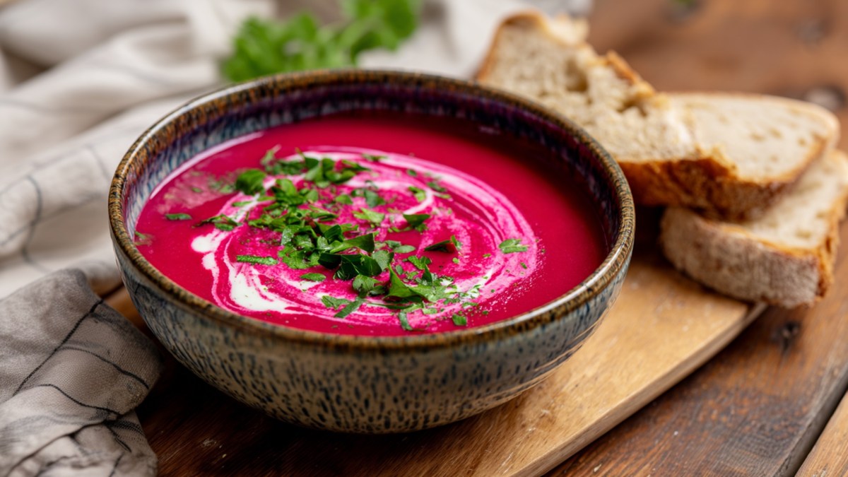 Eine Schüssel Rote-Bete-Suppe mit Kefir, die mit frischer Petersilie garniert ist. Die Schüssel steht auf einem Holzbrett, daneben ein drapiertes Küchenhandtuch und einige Schreiben Brot.