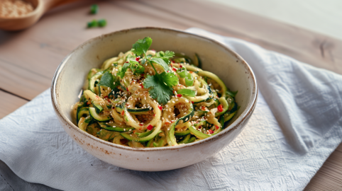 Eine Schüssel mit scharfen Knoblauch-Zucchini auf einem hellen Tuch. Im Hintergrund sieht man ein Schälchen mit ein paar Sesamkörnern.