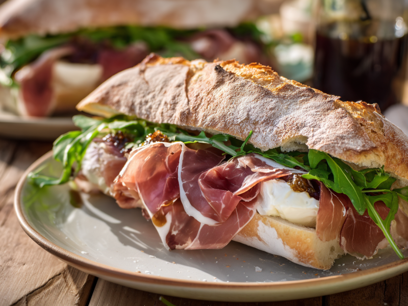 Schinken-Burrata-Sandwich mit Feigenmarmelade auf einem Teller. Im Hintergrund ist noch eins zu sehen.