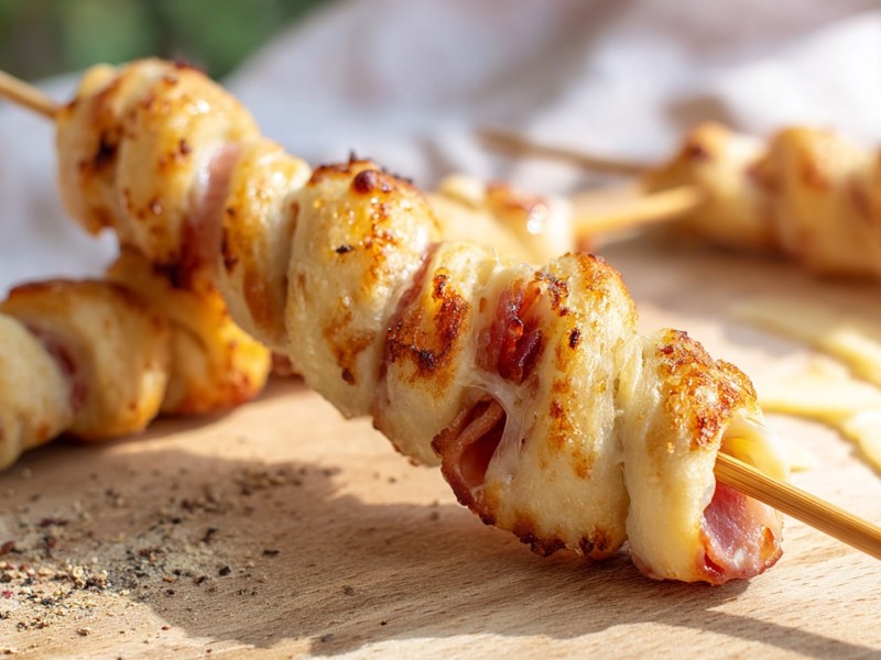 Ein Holzbrett, auf dem mehrere Schinken-Käse-Stockbrote am Stock zu sehen sind. Es liegen getrocknete Kräuter verstreut.