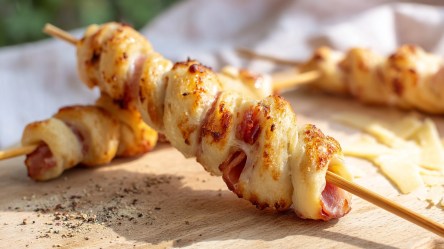 Ein Holzbrett, auf dem mehrere Schinken-Käse-Stockbrote am Stock zu sehen sind. Es liegen getrocknete Kräuter verstreut.