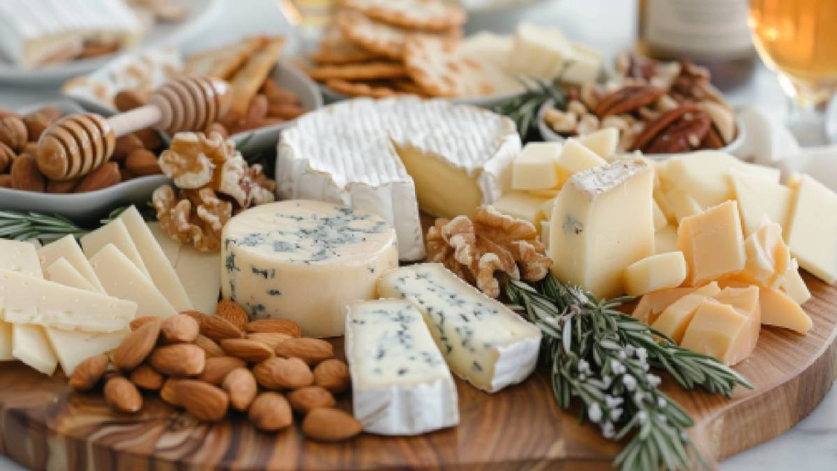 Großes Holzbrett mit verschiedenen Käsesorten