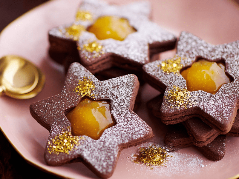 Schoko-Orangen-Sterne liegen auf einem Teller, zwei kleine Löffel daneben.