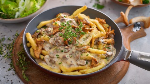 Eine Pfanne mit Schupfnudeln mit Pfifferling-Rahmsoße, die auf einem runden Holzbrett steht. Im Hintergrund kann man einige frische Pfifferlinge erahnen sowie eine Schüssel Beilagensalat.