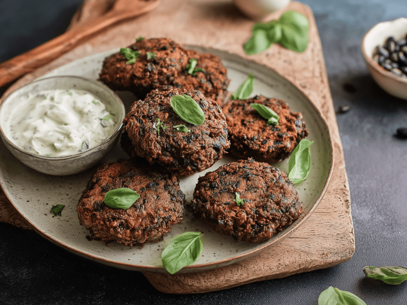 Ein Teller mit Schwarze Bohnen-Frikadellen, serviert mit einem Dip.
