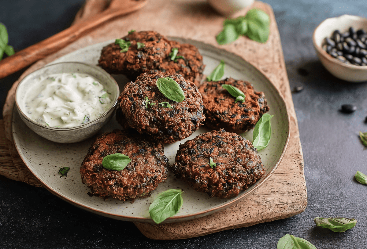 Ein Teller mit Schwarze Bohnen-Frikadellen, serviert mit einem Dip.
