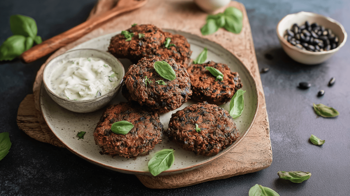 Ein Teller mit Schwarze Bohnen-Frikadellen, serviert mit einem Dip.