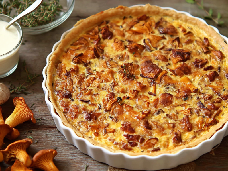 Schwedische Pfifferlings-Tarte mit Bacon in einer Keramik-Auflaufform