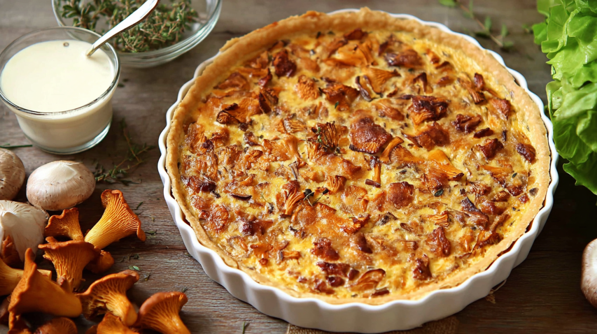 Schwedische Pfifferlings-Tarte mit Bacon in einer Keramik-Auflaufform