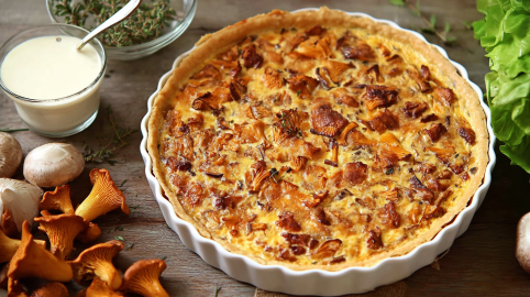 Schwedische Pfifferlings-Tarte mit Bacon in einer Keramik-Auflaufform