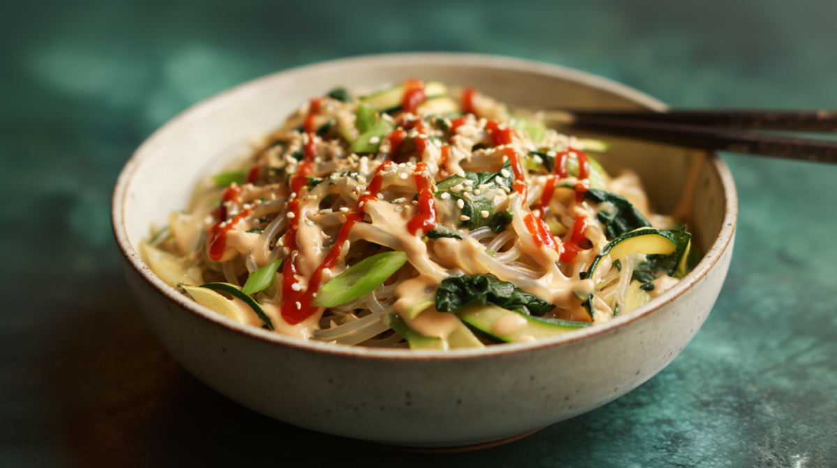 Eine Schale mit Sesamnudeln mit Zoodles und Spinat.