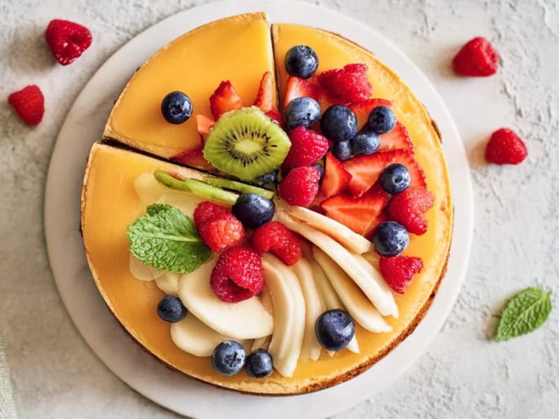 Eine Smoothie-Torte mit frischen Früchten in der Draufsicht.