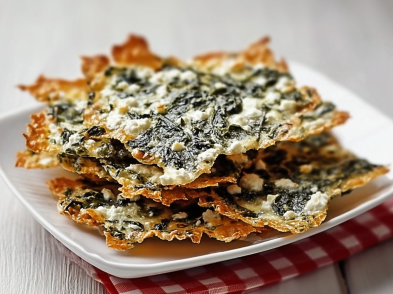 Spinat-Feta-Chips übereinandergestapelt auf einem Teller.