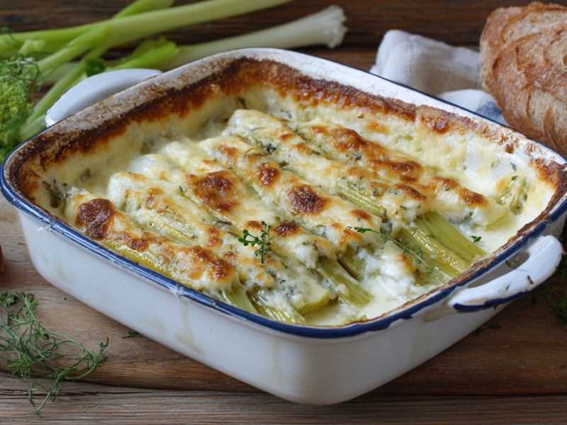 Ein Staudensellerie-Gratin in einer rustikalen Auflaufform auf einem Holzbrett. Links im Hintergrund liegt weiterer Sellerie. Rechts ein Laib Brot.