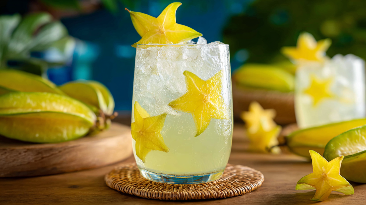 Ein GLas Sternschnuppen-Cocktail, garniert mit Sternfrucht.