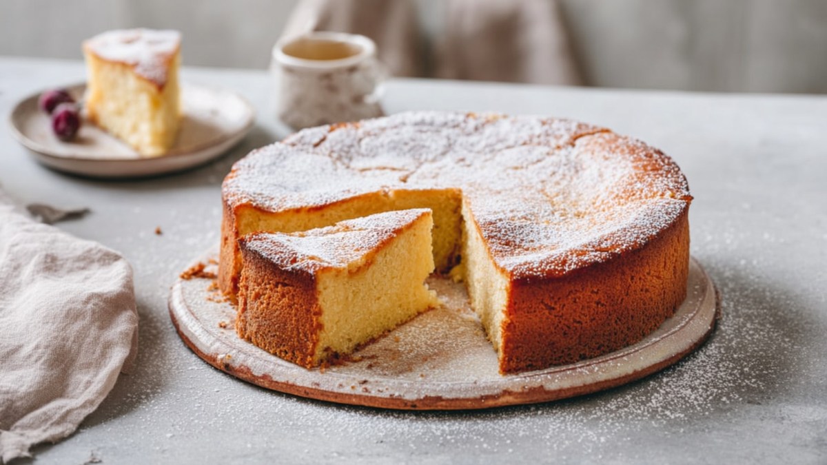 Ein runder süßer Kartoffelkuchen, der angeschnitten ist. Im Hintergrund liegt ein Stück auf einem Teller. Daneben steht ein Kaffeebecher. Der Kuchen liegt auf einer runden Platte.