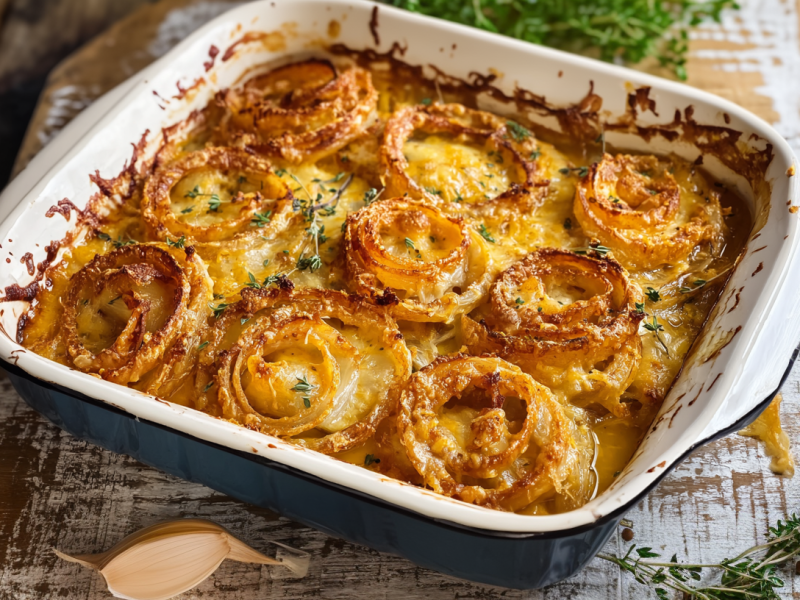 Tennessee-Zwiebeln in einer Aufflaufform auf einem Holzbrett. Vor der Form liegt eine Knoblauchzehe sowie getrocknete Kräuter. Hinten links liegen zwei Zwiebeln.