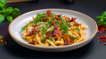 Ein Teller mit Thai-Carbonara. Basilikum und Chilischote liegen als Dekoration außen herum.