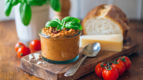 Ein Glas Tomaten-Parmesan-Aufstrich auf einem Holzbrettchen. Im Hintergrund erkennt man Tomaten, Parmesan und Weißbrot.