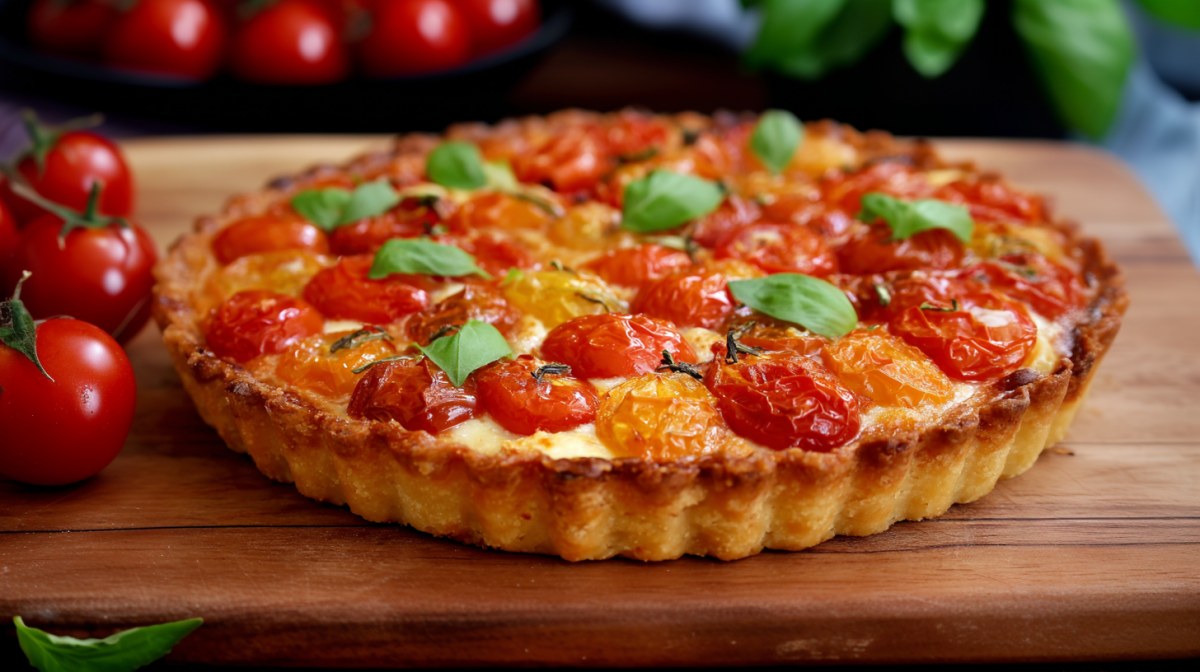 Eine Tomaten-Parmesan-Tarte auf einem Holzbrett. Links neben ihr liegen Tomaten. Im Hintergrund sieht man weitere Zutaten, wie Tomaten und Basilikum.