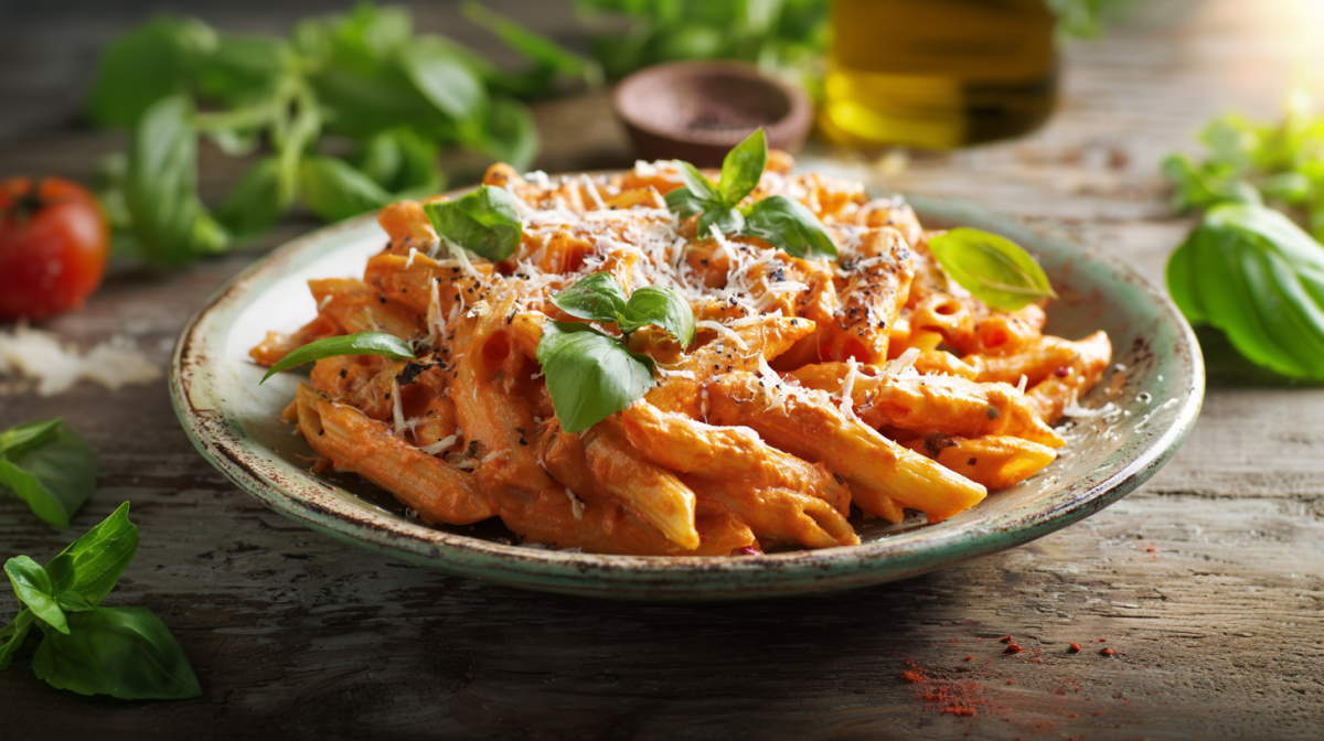 Tomaten-Ricotta-Nudeln auf einem rustikalen Teller auf einem Holztisch. Rundum den Teller und im Hintergrund sieht man frische Basilikumblätter liegen.