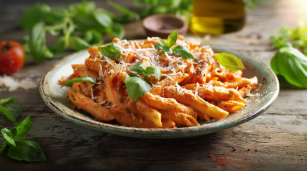 Tomaten-Ricotta-Nudeln auf einem rustikalen Teller auf einem Holztisch. Rundum den Teller und im Hintergrund sieht man frische Basilikumblätter liegen.