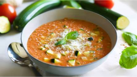 Schale mit Geröstete Tomaten-Zucchini-Suppe