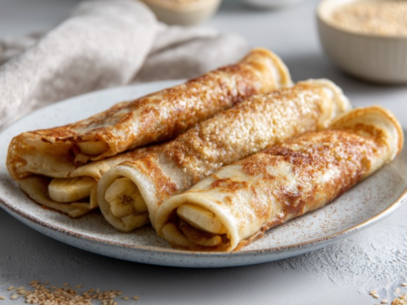 Mehrere gerollte türkische Pfannkuchen mit Bananen-Sesam-Füllung.