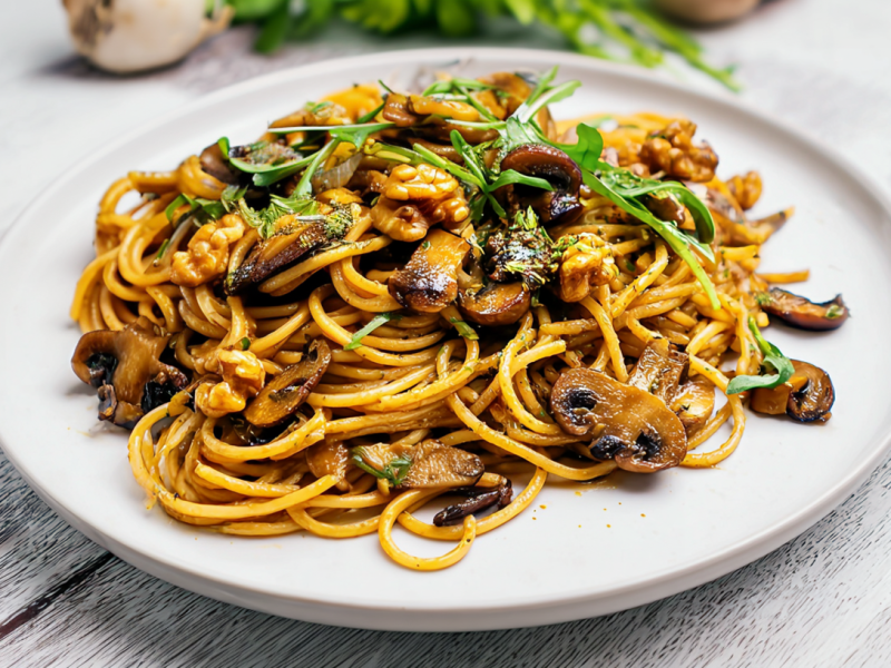Eine Portion vegane Pilzpasta mit karamellisierten Wanüssen, angericht auf einem Teller.