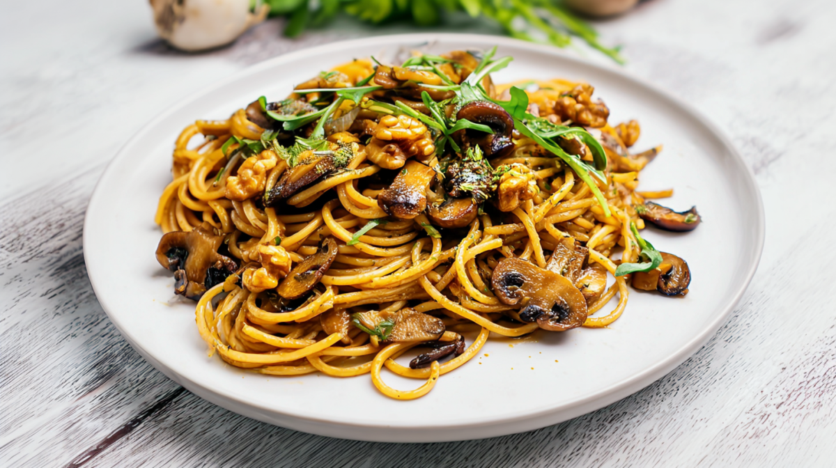 Eine Portion vegane Pilzpasta mit karamellisierten Wanüssen, angericht auf einem Teller.