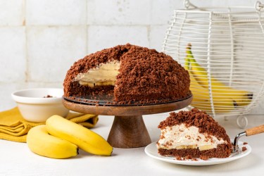Ein veganer Maulwurfkuchen auf einem Präsentierteller. Ein Stück ist herausgeschnitten und gibt den Blick auf die Füllung frei. Davor und dahinter liegen insgesamt vier Bananen.