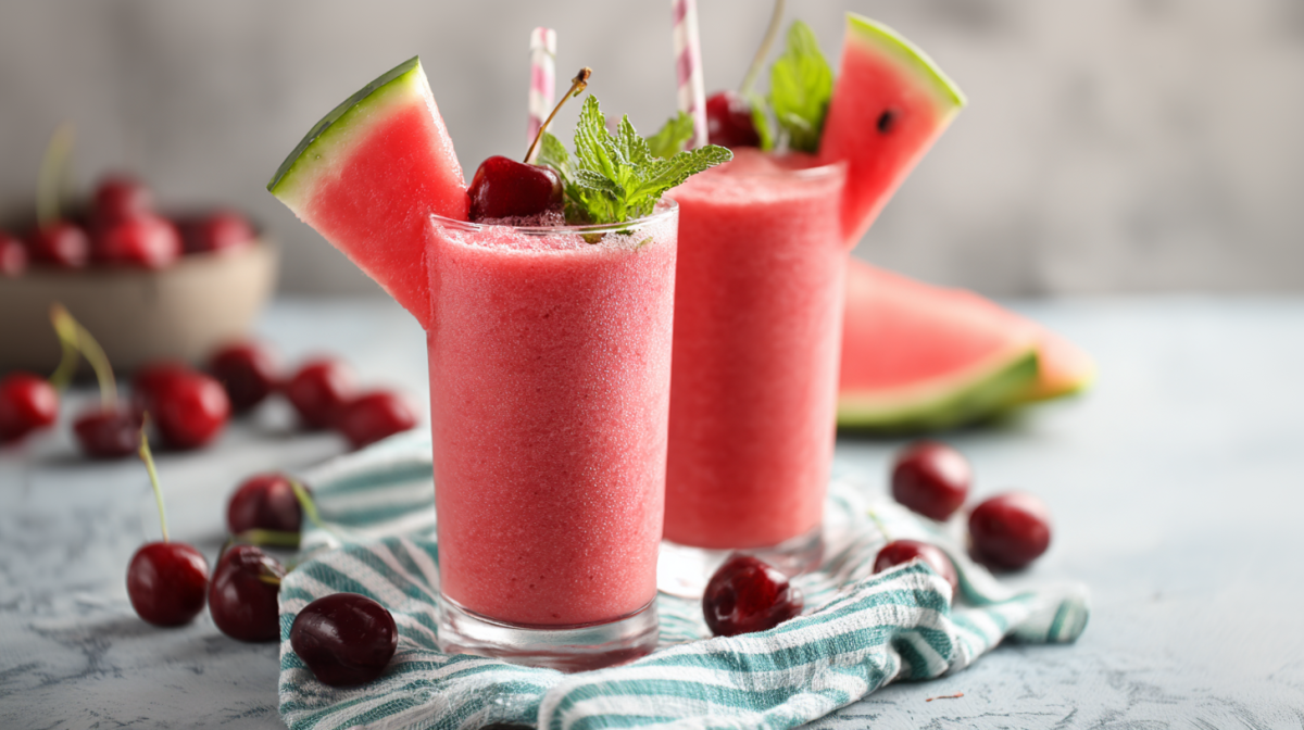 Zwei Gläser mit Wassermelonen-Kirsch-Smoothie.