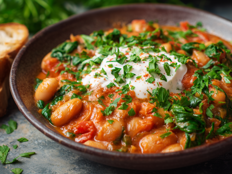 Weiße-Bohnen-Curry, serviert in einer Schüssel. Zwei Scheiben Brot liegen daneben.