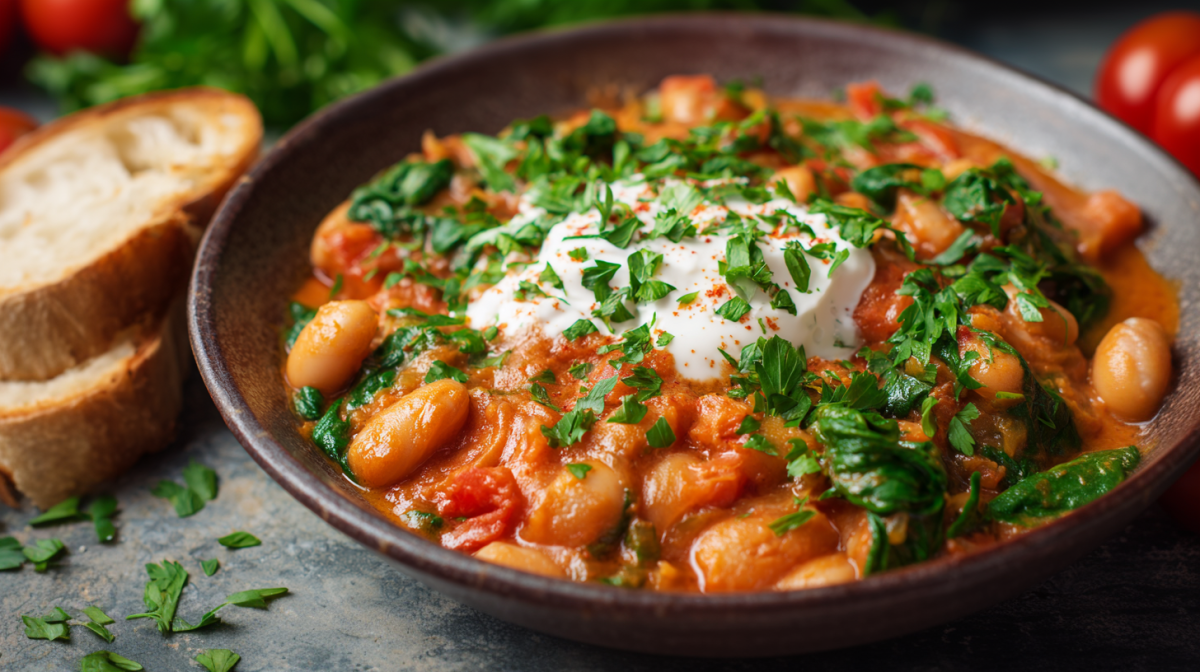 Weiße-Bohnen-Curry, serviert in einer Schüssel. Zwei Scheiben Brot liegen daneben.