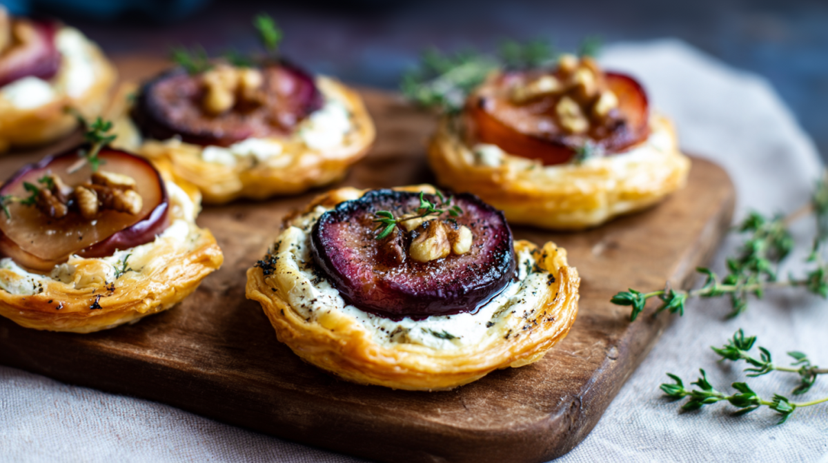 Ziegenkäse-Pflaumen-Tartelettes liegen auf einem Brett.