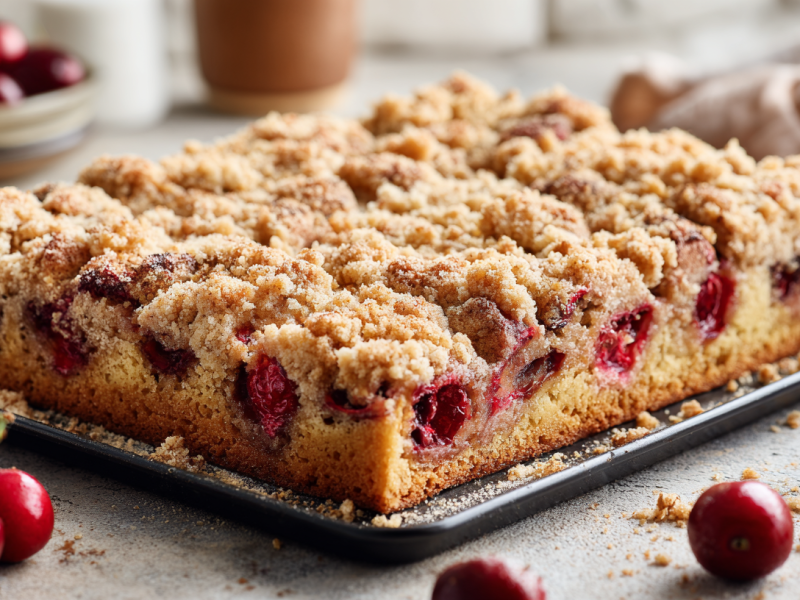 Ein Zimt-Kirschkuchen auf einem Backblech. Um ihn herum sind einige Streusel und Kirschen verteilt. Im Hintergrund sieht man eine Schale mit weiteren Kirschen.
