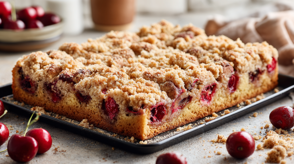 Ein Zimt-Kirschkuchen auf einem Backblech. Um ihn herum sind einige Streusel und Kirschen verteilt. Im Hintergrund sieht man eine Schale mit weiteren Kirschen.