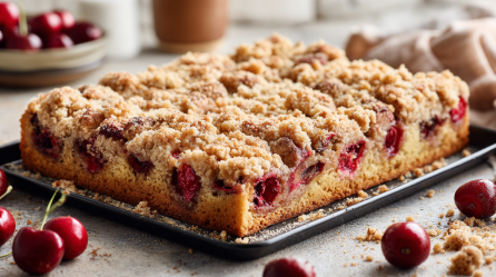 Ein Zimt-Kirschkuchen auf einem Backblech. Um ihn herum sind einige Streusel und Kirschen verteilt. Im Hintergrund sieht man eine Schale mit weiteren Kirschen.