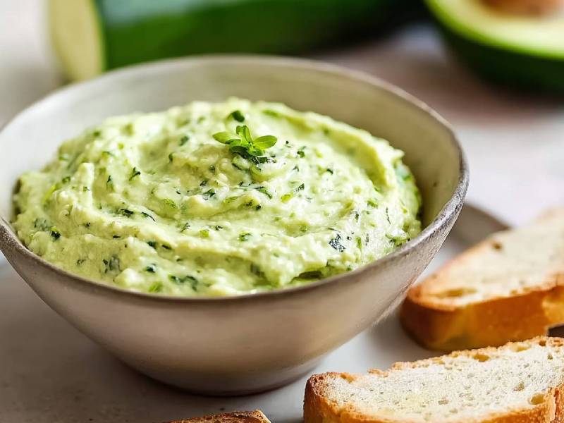 Schale mit Zucchini-Avocado-Aufstrich, Scheiben Brot daneben und halbe Avocado und eine Zucchini im Hitergrund